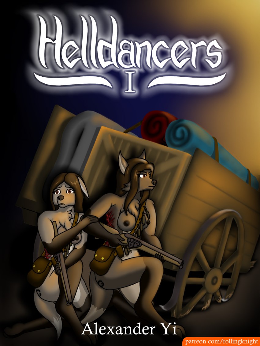 anthro cart duo fantasy female gun musket nude ranged_weapon scared text weapon whip_mark rollingknight helldancers ikren zorellia 3:4 cover cover_art cover_page hi_res url