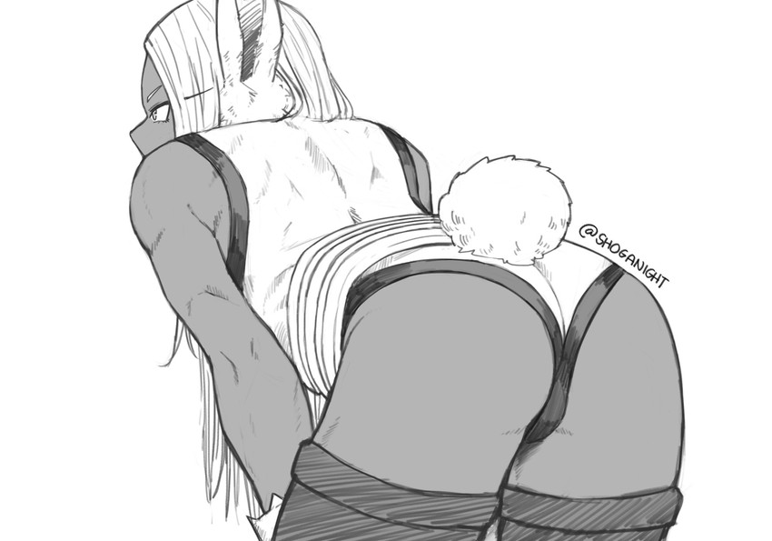 bent_over butt clothed clothing dark_body dark_skin female legwear leotard rear_view solo thigh_highs shoganight my_hero_academia rumi_usagiyama animal_humanoid humanoid lagomorph lagomorph_humanoid leporid_humanoid mammal mammal_humanoid rabbit_humanoid 2020 hi_res monochrome sketch