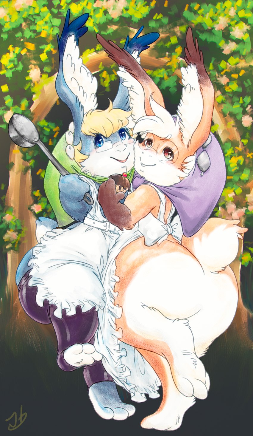 anthro apron big_butt butt cherry clothing cupcake duo eyewear femboy food fruit glasses hood huge_butt leg_warmers legwear male male/male plant scut_tail short_tail tail thick_thighs tree wide_hips stormdragonblue odin_sphere vanillaware erolunai_(pooka) mao_otter_(pooka) lagomorph leporid mammal pooka rabbit absurd_res digital_media_(artwork) hi_res