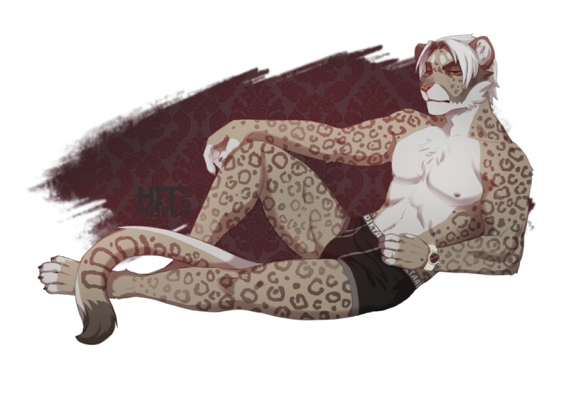 4_toes 5_fingers abstract_background anthro briefs clock clothed clothing feet fingers hair lying male nipples partially_clothed pecs pose red_eyes ring solo toes underwear watch white_hair hitmore felid mammal pinup