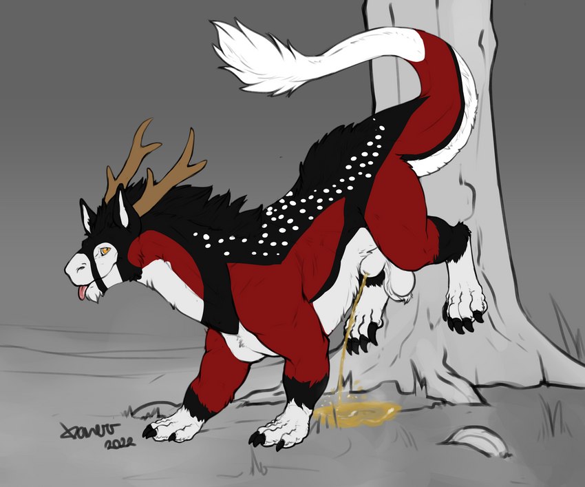 amber_eyes animal_genitalia antlers balls big_claws black_claws bodily_fluids claws countershade_fur countershade_neck countershade_tail countershading curved_tail detailed_background digitigrade feral fully_sheathed fur fur_tuft genital_fluids genitals grass horn long_tail looking_at_viewer male male_peeing marking_territory markings multicolored_tail muscular muscular_feral muscular_male nature outside peeing peeing_on_ground peeing_on_tree plant quadruped red_body red_fur red_tail roots sheath smile snout solo spots spotted_body spotted_fur standing tail tail_tuft tongue tongue_out tree tree_trunk tuft urine urine_on_ground urine_pool urine_stream watersports white_body white_countershading white_tail danero sanguine_(sanguinederg) felkin 2022 absurd_res colored_sketch digital_drawing_(artwork) digital_media_(artwork) hi_res signature sketch watermark