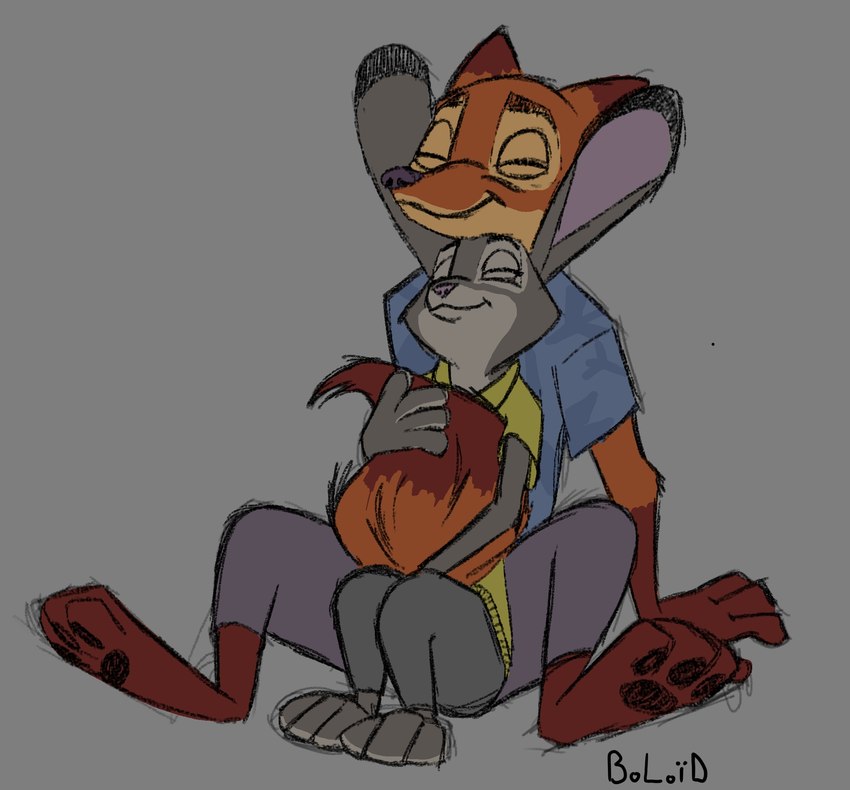 anthro clothing cuddling cuddling_tail duo female fur male male/female multicolored_body multicolored_fur predator/prey simple_background snout_between_ears two_tone_body two_tone_fur boloid disney zootopia judy_hopps nick_wilde canid canine european_rabbit fox lagomorph leporid mammal oryctolagus rabbit red_fox true_fox flat_colors hi_res