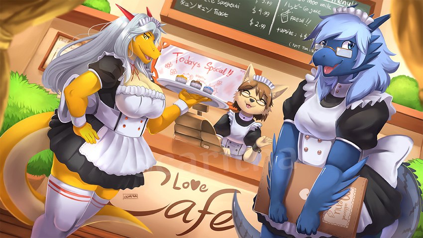 anthro breasts cafe cake clothing dessert detailed_background eyewear female food group hair horn long_hair maid_uniform menu menu_board multi_horn plant plate short_hair sunglasses tail text trio uniform ocaritna mythology airana_stormrider aisyah_zaskia_harnny canid canine dragon mammal mythological_creature mythological_scalie scalie 2016 digital_media_(artwork) signature