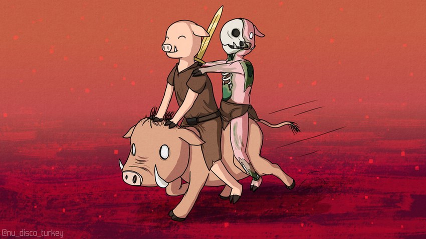 anthro bone bottomwear clothed clothing crimson_nylium duo exposed_bone exposed_rib_cage eyes_closed feral fingers golden_sword holding_melee_weapon holding_object holding_weapon hooved_fingers hooves loincloth male melee_weapon nylium pig_nose pigtails pink_body pink_skin skeleton skull skull_head smile snout solo sword tusks weapon young nudiscoturkey microsoft minecraft mojang xbox_game_studios domestic_pig hoglin mammal piglin suid suine sus_(pig) undead zombie zombie_piglin 16:9 widescreen