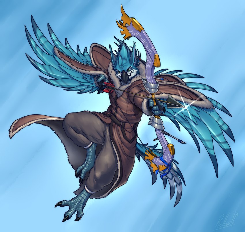 anthro arrow_(weapon) beak biped blue_body blue_feathers bottomwear bow_(weapon) brown_clothing claws clothed clothing feathered_wings feathers flying green_eyes holding_bow_(weapon) holding_object holding_ranged_weapon holding_weapon ranged_weapon simple_background solo topwear weapon wings rollwulf avian bird blue_jay corvid jay_(bird) new_world_jay oscine passerine 2022 hi_res