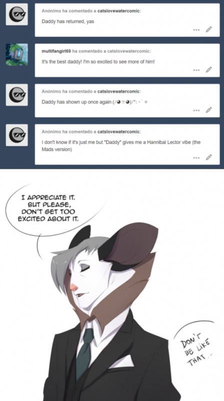 anthro ask_blog black_text clothed clothing daddy_kink dialogue emoticon kaomoji male necktie partial_speech_bubble solo suit text user_avatar peritian tumblr erik_d'javel aye-aye lemur mammal primate strepsirrhine english_text hi_res