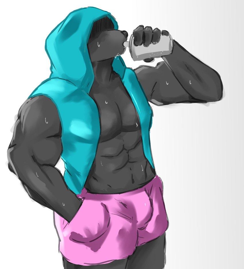 abs anthro biceps bottomwear bulge clothing drinking hand_in_pocket male muscular muscular_anthro muscular_male pecs pockets shorts sleeveless_hoodie solo nyanhan canid canine canis mammal wolf hi_res