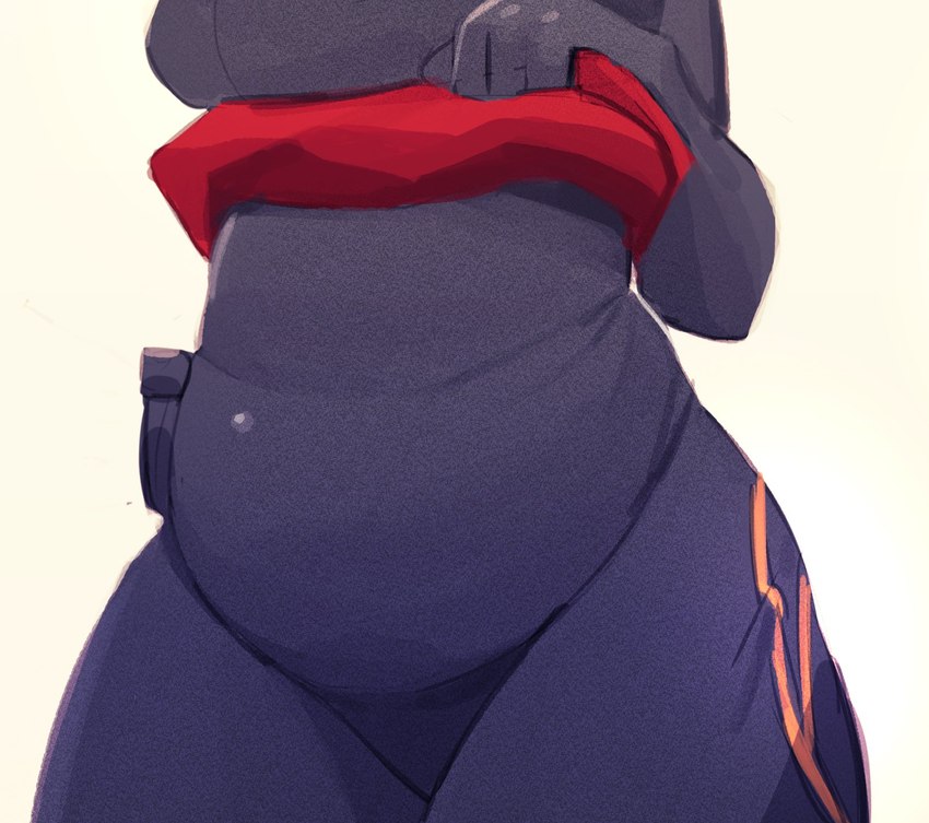 4_fingers anthro belly belly_overhang bodysuit breasts clothing female fingers hand_on_belly medium_breasts red_sash sash skinsuit slightly_chubby solo thick_thighs tight_clothing torso_shot wide_hips crowdi tsuuki_(crowdi) ambiguous_species 2023 hi_res shaded