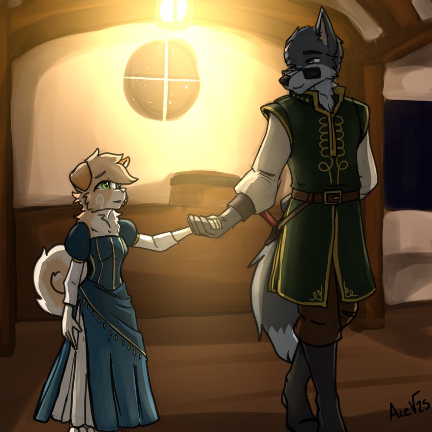 anthro clothing dancing dress eyewear female glasses male male/female medieval missing_ear scar tavern acev daniel_(wolfwithglasses) rika_(rika) canid canine canis domestic_dog mammal pomeranian spitz wolf 1:1 absurd_res hi_res