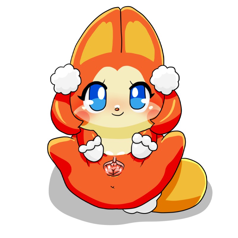 anthro anus blue_eyes blush clitoris clothing female fur genitals gloves handwear mittens orange_body orange_fur presenting presenting_pussy pussy simple_background smile solo spread_pussy spreading white_background kyuubi360 himitsu_no_cocotama pokarin_(cocotama) cocotama 1:1