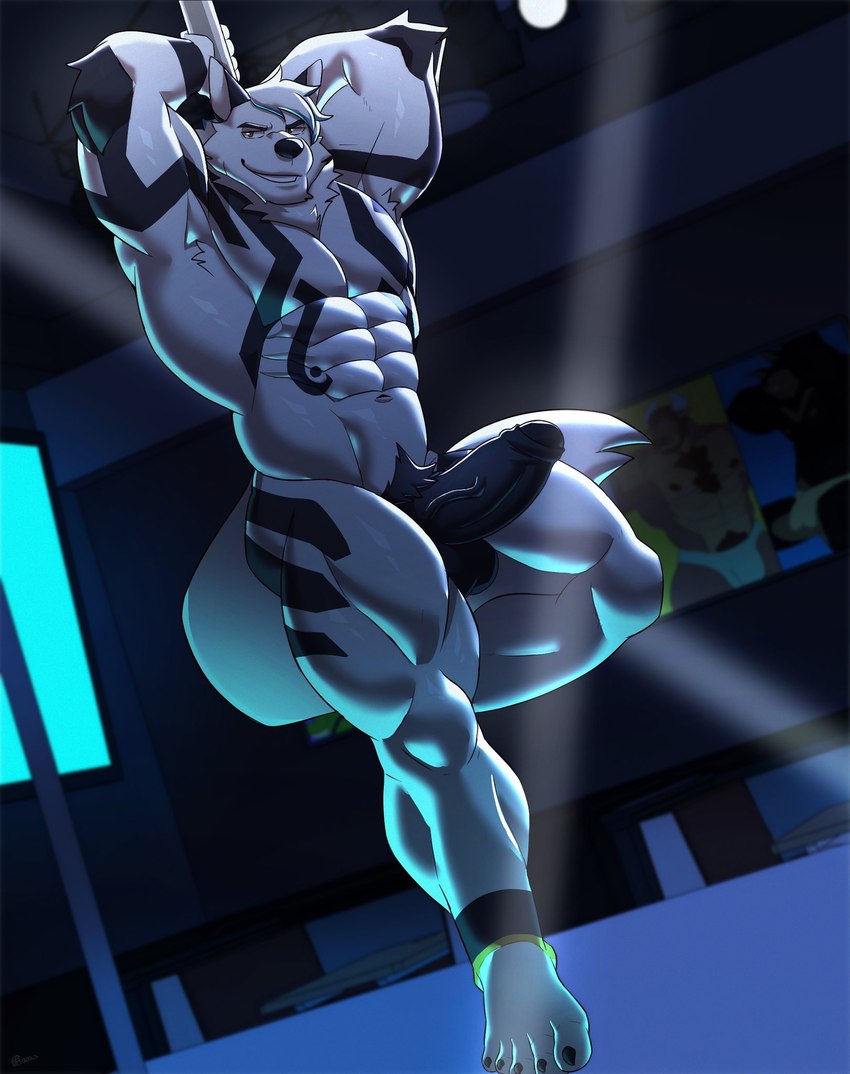 abs anthro arm_markings balls black_markings black_penis black_stripes blue_highlights booth chest_markings claws dark_room fur furniture genitals hair hands_behind_head highlights_(coloring) humanoid_genitalia humanoid_penis leaning_on_object leaning_on_pole leg_markings male markings muscular muscular_anthro muscular_male muscular_thighs nude pecs penis performance pole poster presenting quads smile solo stage stage_lights strip_club stripes stripper stripper_pole table thigh_markings toe_claws vein veiny_penis white_body white_fur white_hair yellow_eyes yellow_stripes black-kun fraye canid canine canis mammal wolf 2023 hi_res