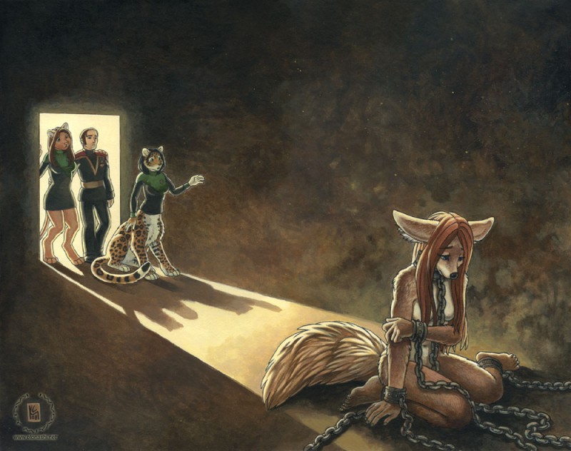 anthro bottomless breasts brown_hair captured chain clothed clothing cuff_(restraint) digitigrade doorway dress female group hair handcuffs leopard_spots long_hair male metal_cuffs nude quadruped restraints sad shackles spots tail uniform kacey chakona_space star_trek admiral_boyce forestwalker leanna_fennec m'lai_saraath caitian canid canine chakat felid felid_taur fennec_fox fox human leopard mammal mammal_taur pantherine taur true_fox 2008 herm_(lore)