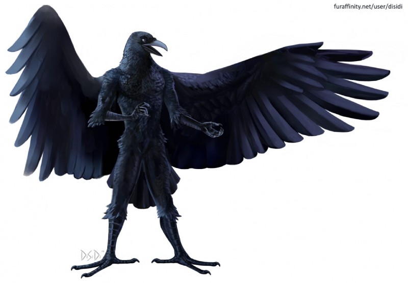 anthro beak claws feet male open_mouth simple_background solo spread_wings standing talons text toes white_background wings gasmask_(artist) loiosh avian bird corvid corvus_(genus) crow oscine passerine 2015 url