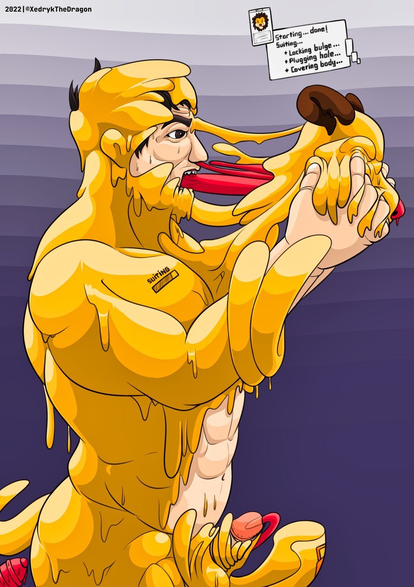 chastity_bulge chastity_device clothing forced forced_transformation goo_transformation latex loading_bar lock_bulge lock_symbol male mask progress_bar resisting solo struggling stuck suit toysuit transformation xedrykthedragon felid human humanoid lion mammal pantherine absurd_res hi_res