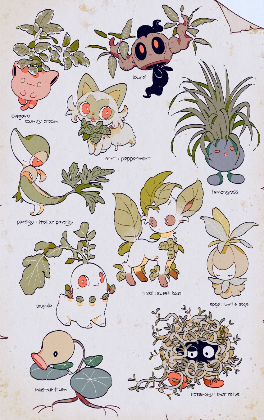 ambiguous_gender black_body blue_body brown_body food green_body herbs leaf leaf_ears leaf_on_head leaf_tail multicolored_body plant red_body red_eyes simple_background tail text ohrcn nintendo pokemon bellsprout chikorita eeveelution elemental_creature felid feline flora_fauna generation_1_pokemon generation_2_pokemon generation_4_pokemon generation_5_pokemon generation_6_pokemon generation_9_pokemon hoppip leafeon mammal oddish petilil phantump pokemon_(species) snivy sprigatito tangela 2023 english_text hi_res