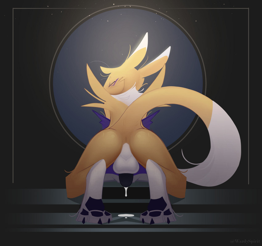 anthro anus balls big_balls big_penis black_penis blush bodily_fluids butt clothing crossgender femboy genital_fluids genitals gloves handwear male pawpads penis precum presenting presenting_hindquarters raised_tail solo tail warden006 bandai_namco digimon canid digimon_(species) mammal renamon