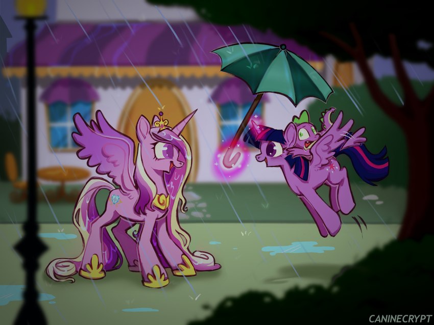 building duo female feral hair happy hooves horn house multicolored_hair multicolored_tail raining tail umbrella wings chilllum friendship_is_magic hasbro my_little_pony mythology princess_cadance_(mlp) spike_(mlp) twilight_sparkle_(mlp) dragon equid equine mammal mythological_creature mythological_equine mythological_scalie scalie winged_unicorn 4:3 hi_res