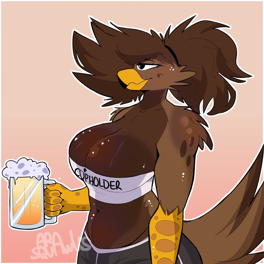 alcohol anthro beak beer beverage big_breasts bodily_fluids breast_squish breasts brown_body brown_hair feathers female glistening glistening_body hair solo squish sweat ara_squawks monika_(ara_squawks) accipitrid accipitriform avian bird eagle 1:1 absurd_res hi_res