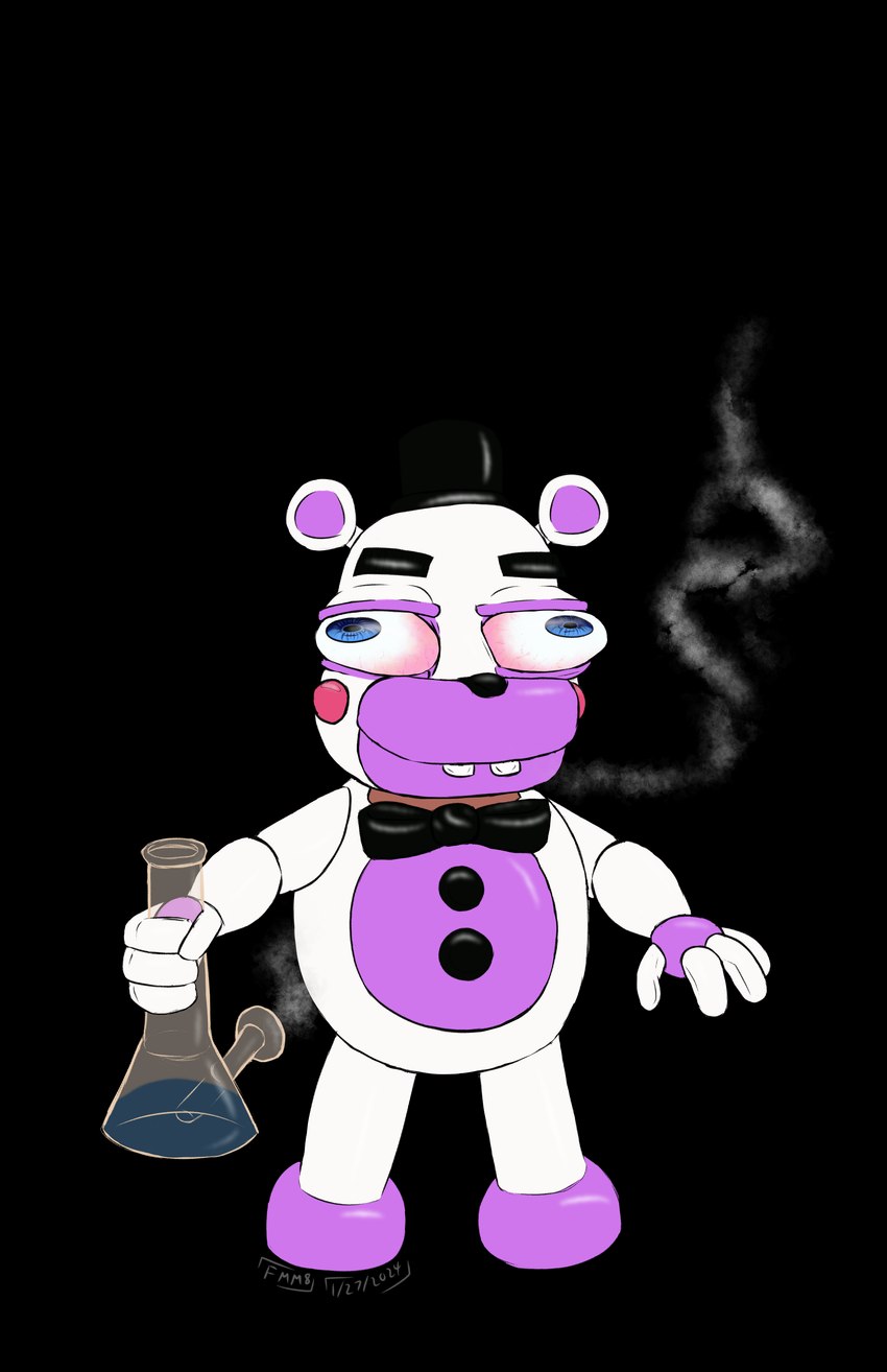 anthro bloodshot_eyes bong bow_tie buckteeth bulging_eyes button_(fastener) clothing drugs fingers hat headgear headwear machine male marijuana pipe smoke smoke_from_mouth solo teeth top_hat fiteme_m8 five_nights_at_freddy's fnaf_vr_help_wanted scottgames helpy_(fnaf) animatronic bear mammal robot 2024 absurd_res alpha_channel digital_media_(artwork) hi_res