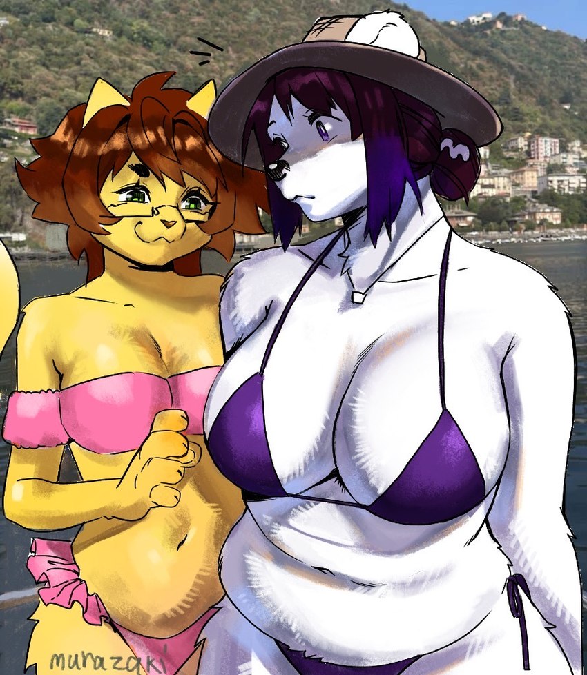 5_fingers :3 belly big_breasts bikini black_hair boat breast_size_difference breasts brown_hair building cat_tail clothing duo ears_through_headwear ears_up emanata eyebrows eyewear female fingers fur glasses green_eyes hair hair_bun hat headgear headwear house jewelry looking_aside looking_at_breasts mountain mouth_closed multicolored_hair navel necklace photo_background pink_bikini pink_bikini_bottom pink_clothing pink_swimwear purple_bikini purple_bikini_bottom purple_bikini_top purple_clothing purple_eyes purple_swimwear rectangular_glasses sea swimwear tail thick_eyebrows topwear tube_top two-piece_swimsuit vehicle water watercraft weight_difference white_body white_fur yellow_body yellow_fur murazaki mother_daughter_boob_envy_(meme) bear domestic_cat felid feline felis mammal polar_bear ursine 2024 digital_media_(artwork) mixed_media photography_(artwork) signature traditional_media_(artwork)