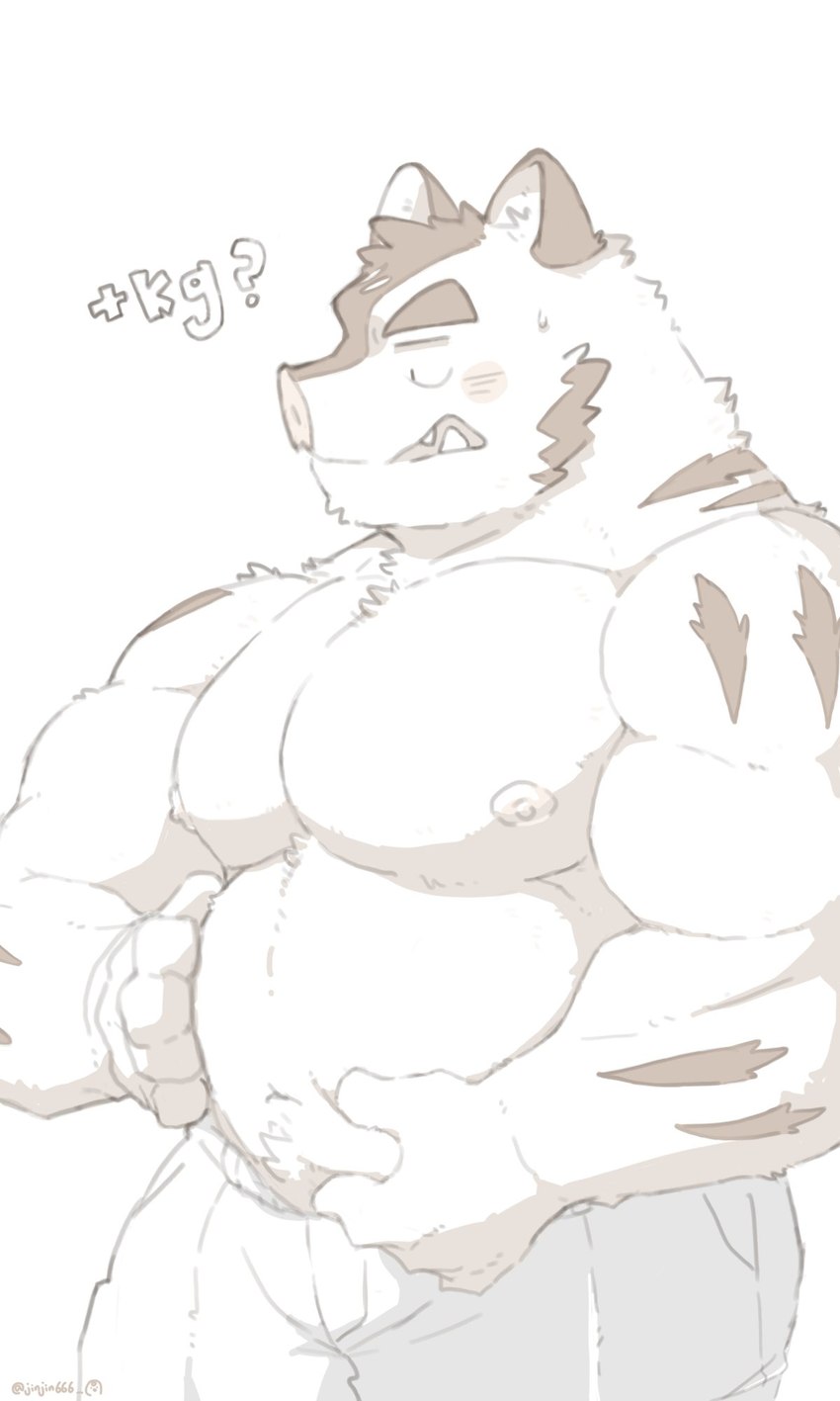 anthro barazoku belly blush bottomwear clothing humanoid_hands kemono male moobs musclegut muscular nipples shorts simple_background slightly_chubby solo text white_background jinjin666 knights_college hermann_(knights_college) mammal suid suina sus_(pig) wild_boar 2024 3:5 hi_res