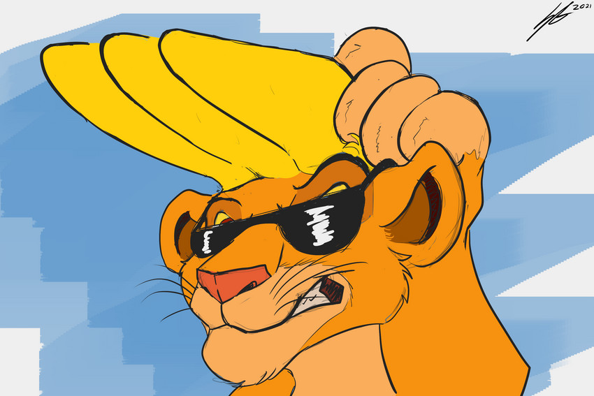 blonde_hair eyewear feral fur hair humor male solo sunglasses young young_feral soulgryph cartoon_network disney johnny_bravo_(series) the_lion_king johnny_bravo simba_(the_lion_king) felid lion mammal pantherine 3:2 digital_media_(artwork) hi_res