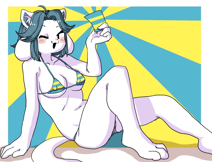 anthro bikini blush breasts butt clothed clothing female hair open_mouth simple_background swimwear two-piece_swimsuit white_body ikutasemi undertale undertale_(series) temmie_(undertale) canid canine felid feline mammal tem