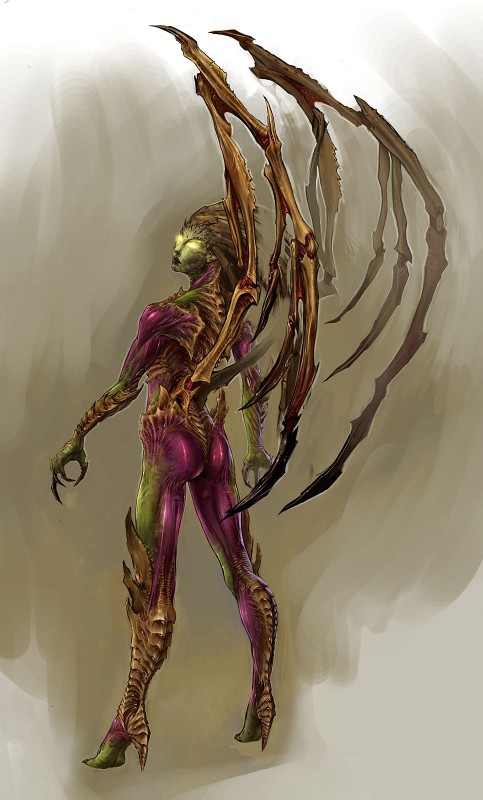 butt female glowing glowing_eyes green_body knee_pit looking_back purple_body solo standing wings unknown_artist blizzard_entertainment starcraft infested_kerrigan sarah_kerrigan alien alien_humanoid flesh_creature human humanoid hybrid mammal zerg digital_media_(artwork) hi_res