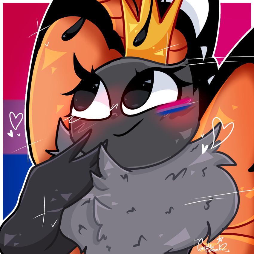 2_antennae antennae_(anatomy) anthro bisexual_pride_colors black_antennae bodypaint closed_smile crown face_paint female grey_body hand_on_chin head_tuft headgear heart_symbol insect_wings lepidopteran_wings lgbt_pride looking_up mouth_closed multicolored_wings nude orange_wings pride_color_background pride_colors ruff simple_background smile solo tuft wings gazzlegoob mirabelle_(honeycombcrown) arthropod butterfly insect lepidopteran monarch_butterfly 1:1 2026 cel_shading digital_drawing_(artwork) digital_media_(artwork) hi_res shaded signature