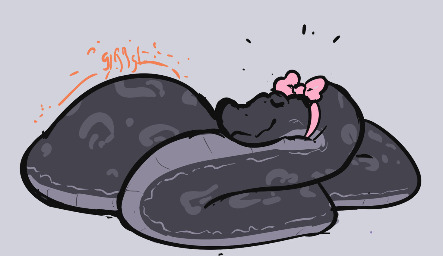 abdominal_bulge ambiguous_gender ambiguous_prey black_body black_scales bow_ribbon countershade_scales countershading digestion duo eyes_closed female female_pred feral feral_pred scales simple_background smile soft_vore sound_effects vore eerieviolet cherry_(eerieviolet) reptile scalie snake