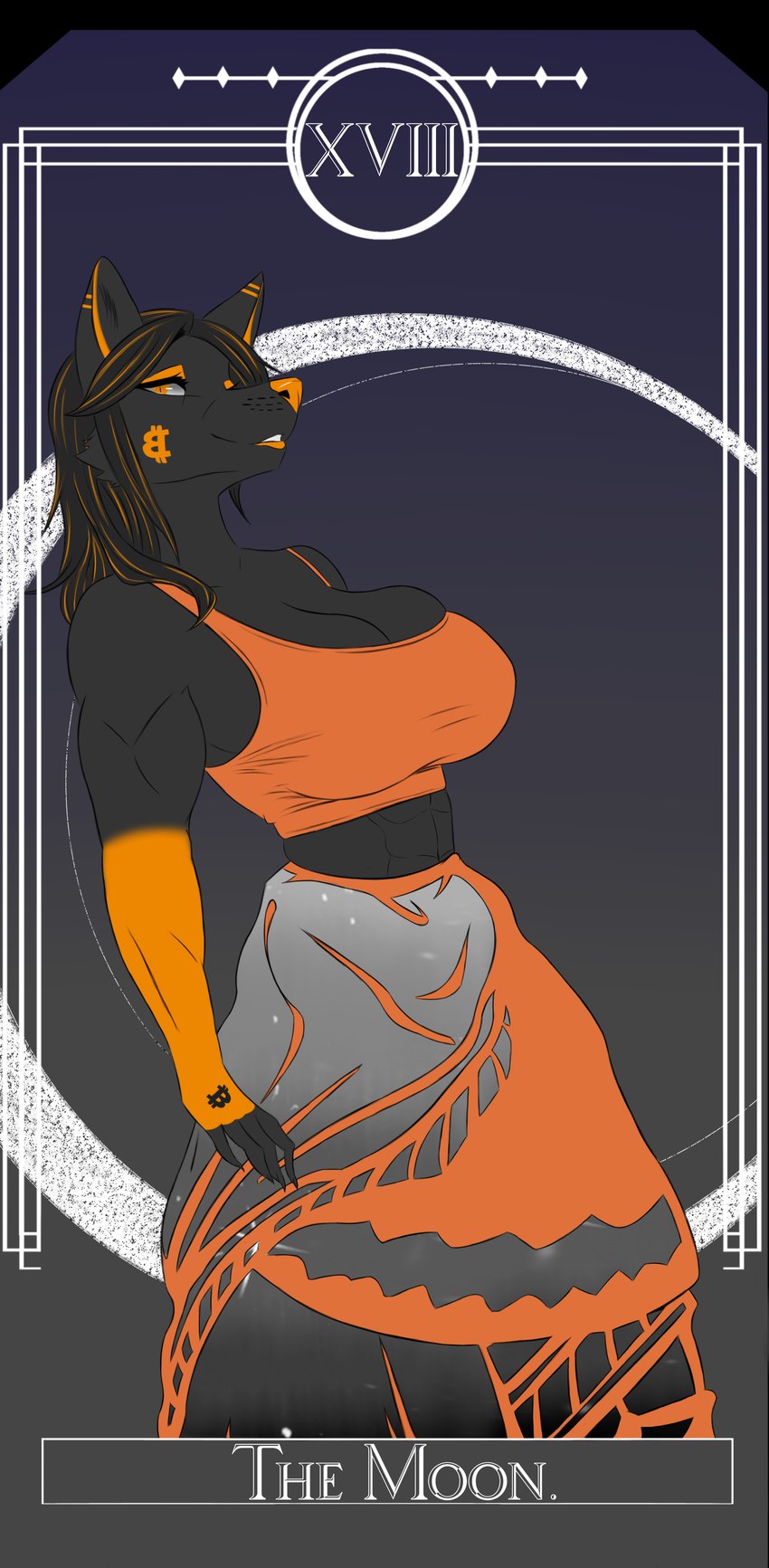 anthro athletic athletic_anthro athletic_female black_hair card clothed clothing crop_top dress female fur hair lipstick long_hair makeup muscular_arm orange_body orange_fur orange_nose shirt solo symbol tarot tarot_card topwear saphyraccino bitcoin toshina_(thebtcfur71) canid canine canis mammal wolf absurd_res digital_media_(artwork) hi_res