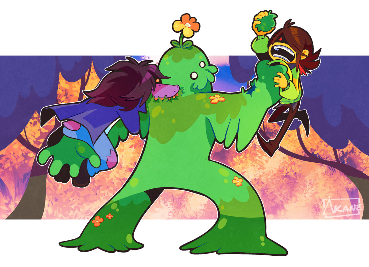 anthro brown_hair female flower forest green_body group hair male moss outside plant purple_body purple_skin tree trio yellow_body yellow_skin akanemnon deltarune undertale_(series) kris_dreemurr susie_(deltarune) elemental_creature elemental_humanoid flora_fauna human humanoid mammal plant_humanoid scalie 2022 hi_res