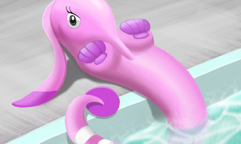 alternate_color animal_genitalia barely_visible_genitalia barely_visible_pussy breasts busty_feral female feral genitals lying non-mammal_breasts on_back partially_submerged pink_body pussy reclining serpentine solo swimming_pool water draquarzi nintendo pokemon generation_3_pokemon gorebyss marine pokemon_(species)