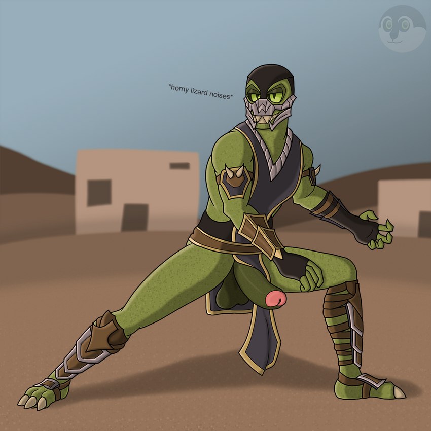 3_toes 5_fingers anthro armor balls big_penis claws clothed clothing darkened_balls darkened_genitalia darkened_penis desert erection faceplate feet fingers genitals glans gloves green_balls green_body green_eyes green_penis grin handwear humanoid_genitalia humanoid_penis looking_at_viewer male non-mammal_balls penis pink_glans pupils slit_pupils smile solo teeth text toe_claws toes thehuskyk9_(artist) mortal_kombat netherrealm_studios reptile_(mortal_kombat) lizard reptile saurian_(mortal_kombat) scalie 1:1 2021 english_text