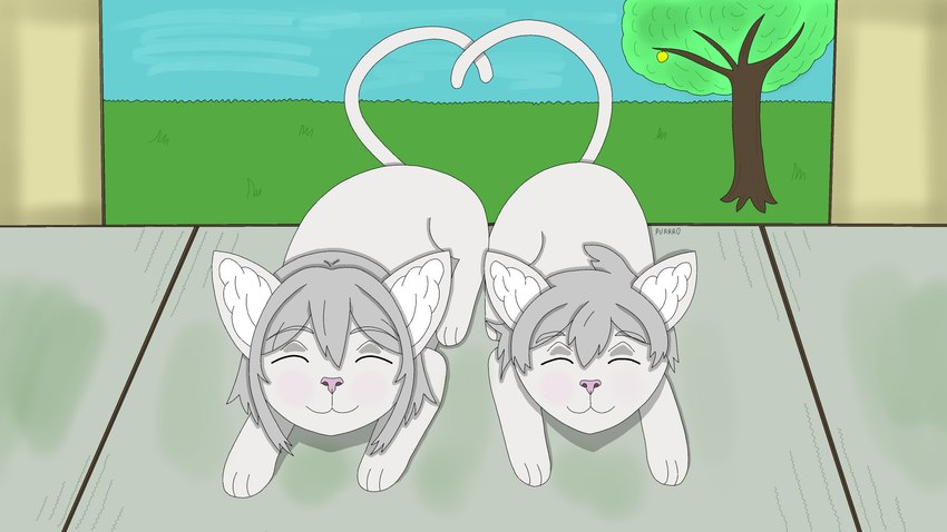 apple duo eyes_closed female feral food fruit fur gold_apple grey_hair hair heart_symbol ine_saitou inner_ear_fluff male male/female mouth_closed pink_nose plant resting resting_on_belly shouzou_saitou tuft white_body white_fur purrro domestic_cat felid feline felis mammal 16:9 4k absurd_res hi_res widescreen