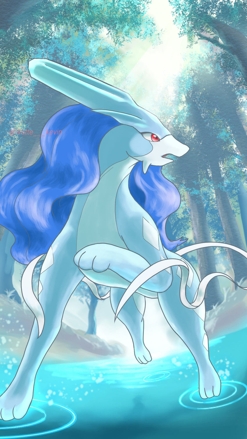 ambiguous_gender blue_body blue_skin creek digitigrade feral forest hair looking_at_another low-angle_view open_mouth plant quadruped red_eyes river sky solo tree water watte nintendo pokemon canid canine generation_2_pokemon legendary_pokemon mammal pokemon_(species) shiny_pokemon suicune 2021 hi_res shaded