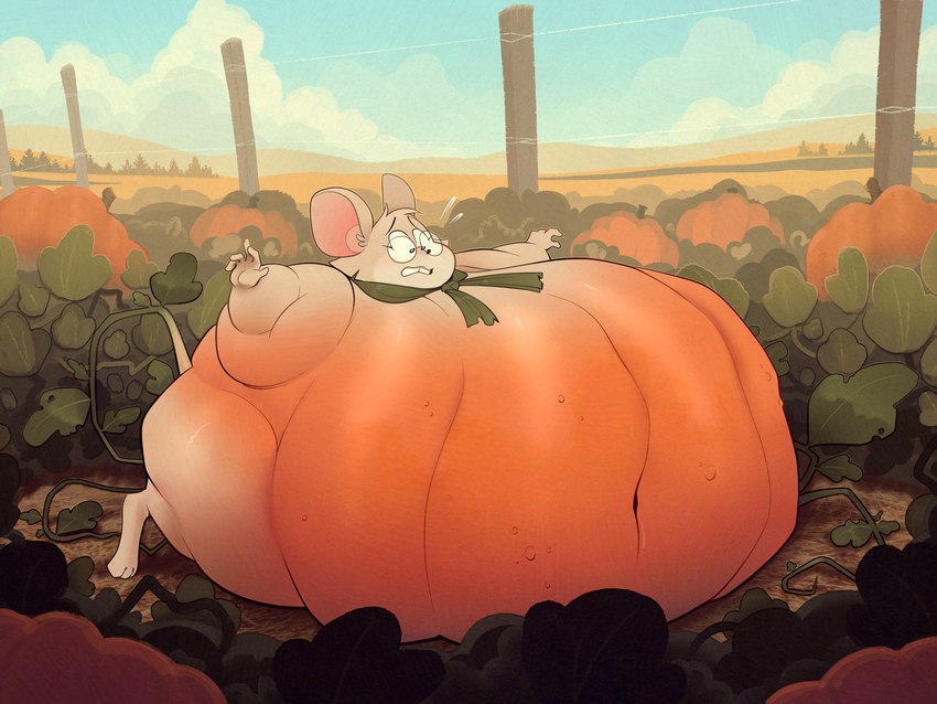 anthro belly big_belly blue_sky female food fruit holidays huge_belly outside overweight plant pumpkin simple_background sky solo transformation ridiculouscake halloween louise_thrushwood mammal mouse murid murine rodent 2019 4:3 absurd_res hi_res
