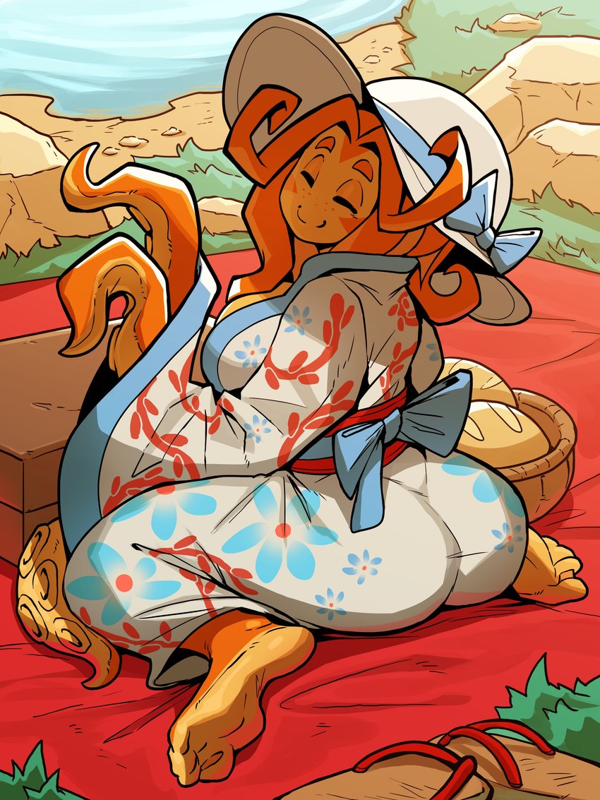 anthro asian_clothing barefoot basket butt clothing container countershade_feet countershading east_asian_clothing eyes_closed feet female floral_kimono floral_print freckled_face freckles hat headgear headwear humanoid_feet japanese_clothing kimono kneeling membrane_(anatomy) outside picnic_basket picnic_blanket plantigrade seaside smile soles solo sun_hat tentacle_arms tentacles toes webbed_feet ceehaz hama_(ceehaz) cephalopod coleoid marine mollusk octopodiform octopus 2024 3:4 absurd_res hi_res