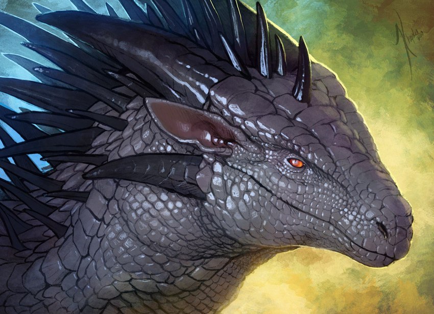 abstract_background ambiguous_gender black_horn feral glistening glistening_eyes grey_body grey_ears grey_scales head_spikes horn looking_at_viewer mouth_closed neck_spikes orange_eyes pupils red_inner_ear scales slit_pupils solo spikes spikes_(anatomy) khyaber mythology dragon mythological_creature mythological_scalie scalie 2022 digital_media_(artwork)