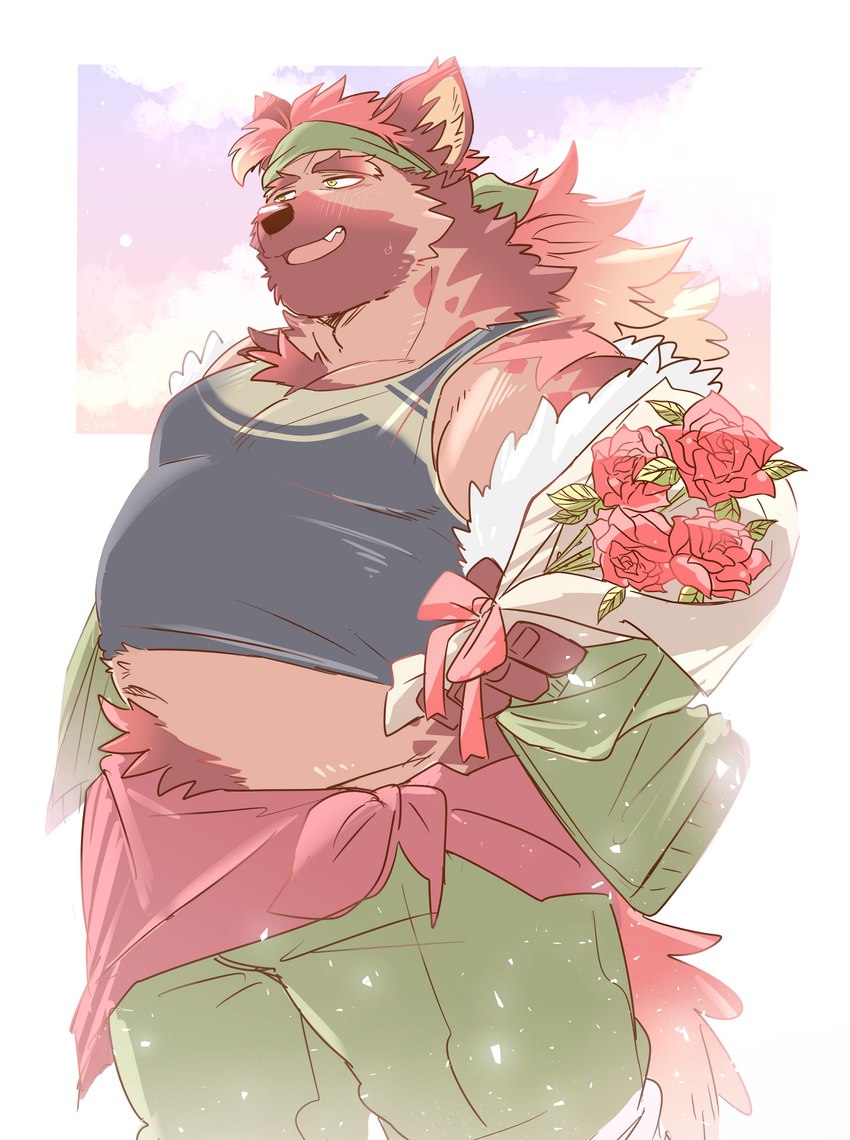 accessory anthro belly blush bouquet clothing eyebrows flower fur headband male markings overweight plant rose_(flower) shirt smile solo spots spotted_body spotted_fur tank_top thick_eyebrows topwear koginoro_28 anothereidos_of_dragon_vein_r chabeau hyena mammal absurd_res hi_res