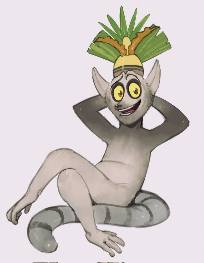 anthro crossed_legs crown crown_only fur grey_body grey_fur hands_behind_head headgear male markings on_model open_mouth open_smile opposable_toe pointy_ears prick_ears sitting smile solo striped_markings striped_tail stripes tail tail_markings kogito dreamworks madagascar_(series) king_julien lemur mammal primate ring-tailed_lemur strepsirrhine hi_res