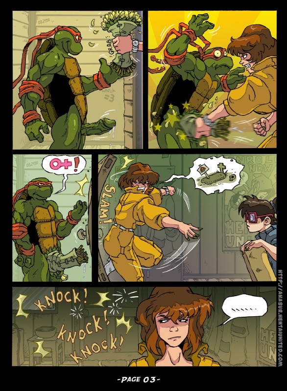 angry anthro denied dialogue door erection eyewear female flower genitals glasses group male ninja ouch penis plant speech_bubble warrior akabur teenage_mutant_ninja_turtles april_o'neil irma_langinstein michelangelo_(tmnt) human mammal reptile scalie turtle comic hi_res pictographics