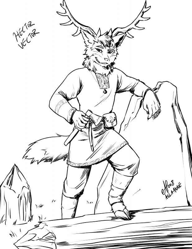 axe clothed clothing fully_clothed jewelry melee_weapon naughty_face necklace smile smug solo weapon ailaanne hector_vector canid canine canis cervine deer elk hybrid mammal wolf absurd_res hi_res line_art monochrome