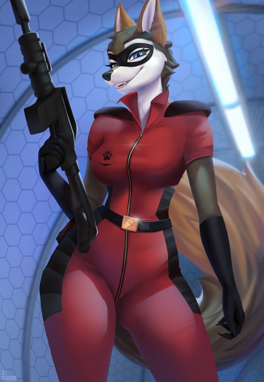 anthro automatic_rifle big_breasts bodysuit breasts clothed clothing female fully_clothed gloves gun handwear looking_at_viewer mask pose ranged_weapon sexy_eyes skinsuit solo suit suit_symbol tight_clothing vigilante weapon wearing_mask wide_hips sugene legend_of_ahya murana_wolford_(darkflame-wolf) canid canine canis mammal wolf hi_res pinup