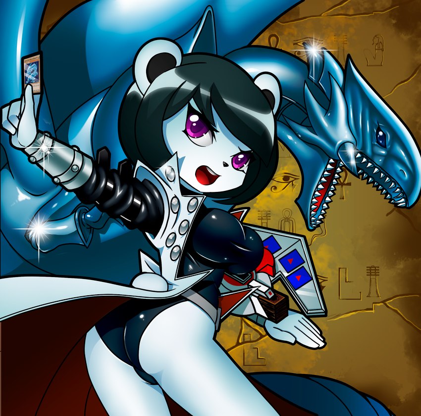 anthro black_hair breasts butt clothed clothing female fur hair looking_back open_mouth purple_eyes rear_view solo white_body white_fur yu-gi-oh_card chacrawarrior freedom_planet galaxytrail yu-gi-oh! blue-eyes_white_dragon neera_li seto_kaiba bear duel_monster giant_panda mammal hi_res