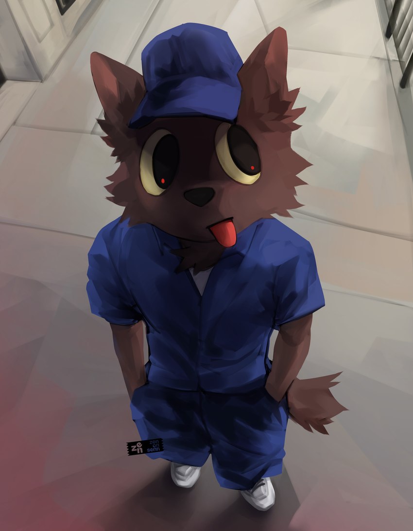 anthro biped black_eyes blep blue_cap blue_clothing blue_shirt blue_topwear brown_body brown_fur clothing fur looking_away male shirt slim_anthro slim_male solo standing tongue tongue_out topwear zenonsen mythology the_werecleaner kyle_(the_werecleaner) canid canine canis mammal mythological_canine mythological_creature werecanid werecanine werecreature werewolf wolf 2024 absurd_res hi_res