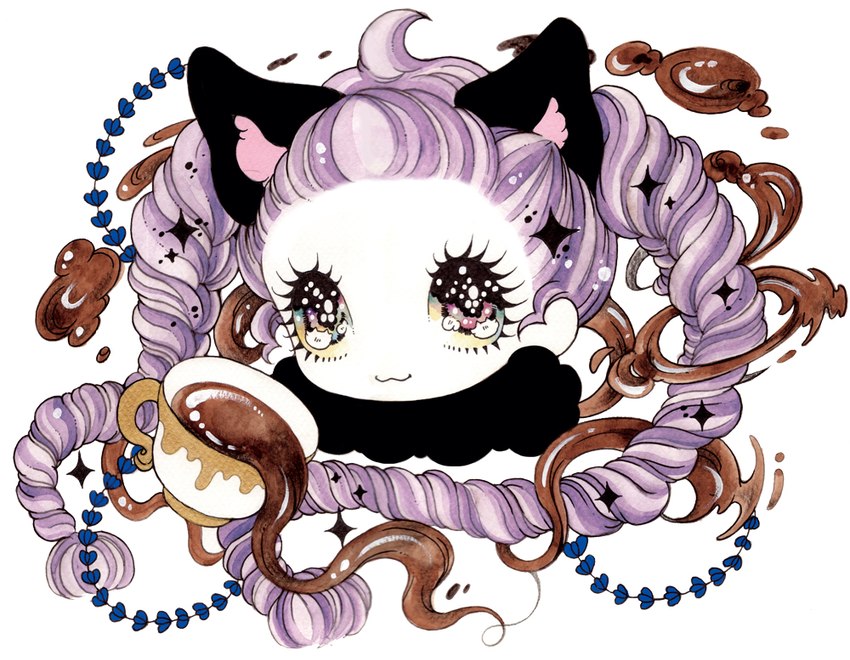 :3 beverage chibi container cup eyelashes female hair inner_ear_fluff kemono plant pointy_ears prick_ears purple_hair smile solo tea tea_cup tuft yurie_sekiya animal_humanoid cat_humanoid felid felid_humanoid feline feline_humanoid humanoid mammal mammal_humanoid traditional_media_(artwork) watercolor_(artwork)