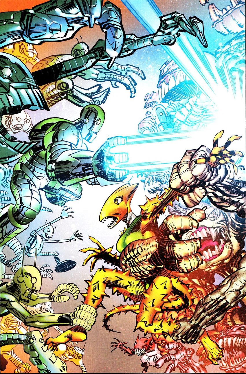 anthro barefoot big_breasts breasts catching claws feet female fight group laser machine male open_mouth scared sharp_teeth soles spiked_tail spikes spikes_(anatomy) tail teeth toe_claws toes erik_larsen horridus agamid alien humanoid lizard reptile robot robot_humanoid scalie thorny_devil hi_res