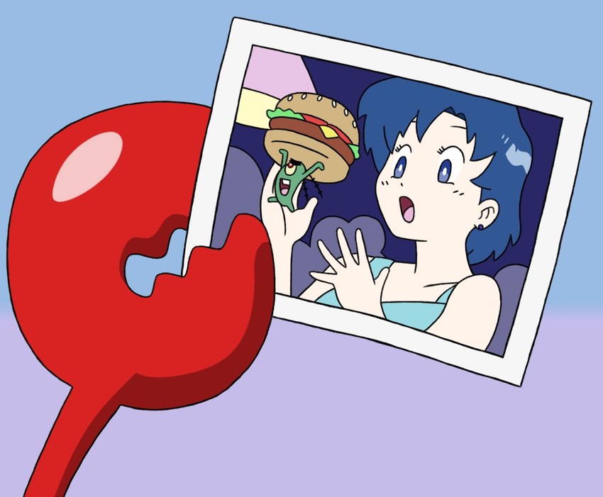 blue_eyes blue_hair burger cheese dairy_products female food fruit group hair holding_photo lettuce male meat open_mouth plant stealing tomato trio vegetable vgafanatic nickelodeon sailor_moon_(series) spongebob_squarepants ami_mizuno mr._krabs sheldon_j._plankton arthropod copepod crab crustacean decapoda human malacostracan mammal marine maxillopod plankton_(species) crossover