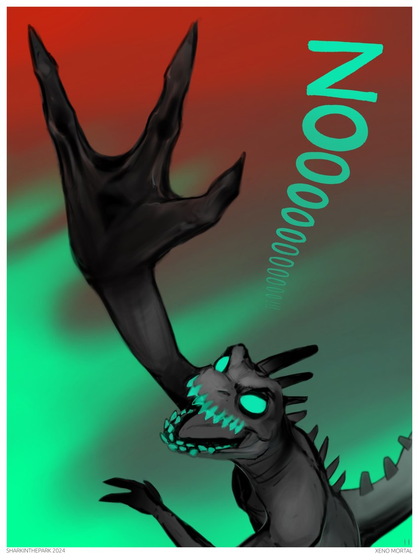 3_fingers anthro border dorsal_ridge fingers glowing glowing_eyes horror_(theme) male open_mouth reaching_out sharp_teeth solo spikes teeth white_border yelling sharkinthepark alien 2024 absurd_res comic hi_res